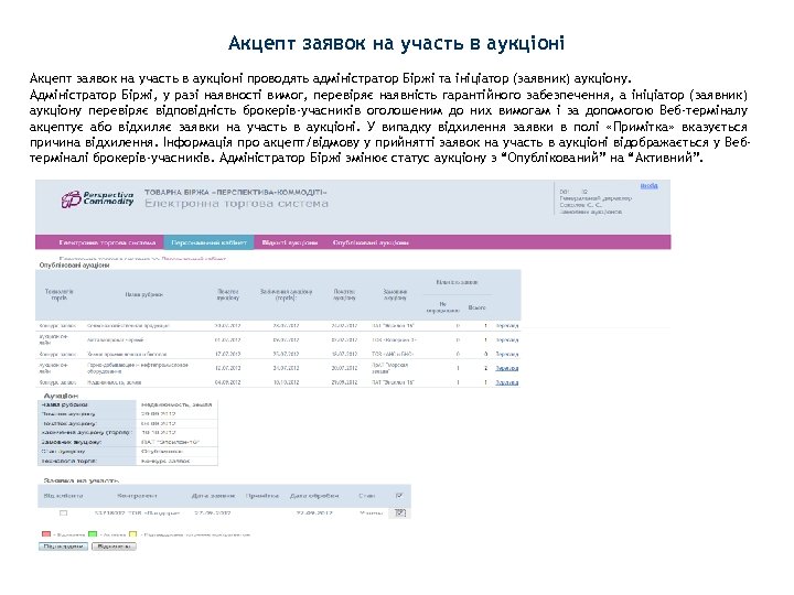Акцепт заявок на участь в аукціоні проводять адміністратор Біржі та ініціатор (заявник) аукціону. Адміністратор