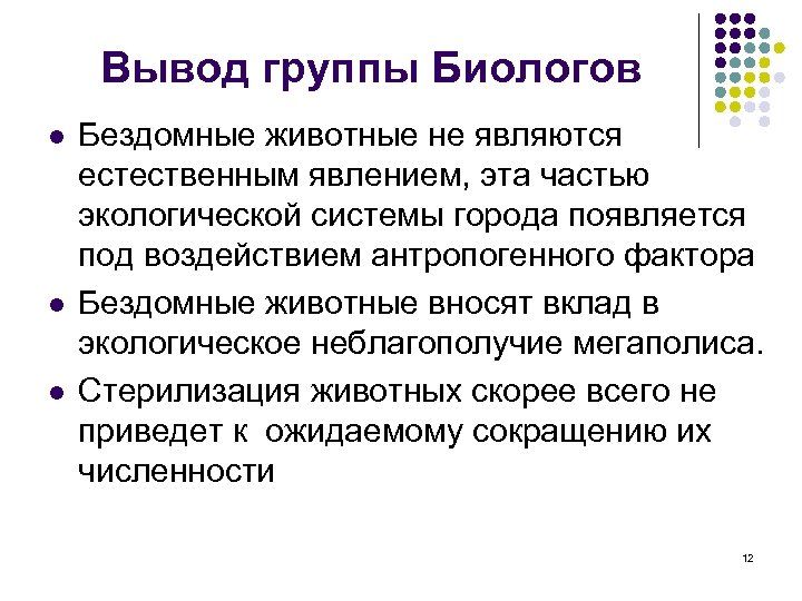 Вывод группы Биологов l l l Бездомные животные не являются естественным явлением, эта частью