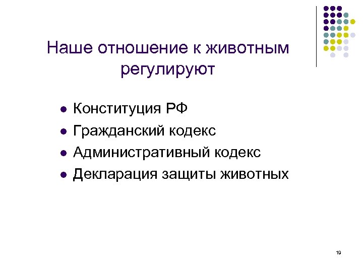 Наше отношение к животным регулируют l l Конституция РФ Гражданский кодекс Административный кодекс Декларация