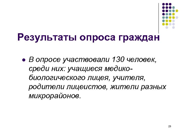 Результаты опроса граждан l В опросе участвовали 130 человек, среди них: учащиеся медикобиологического лицея,