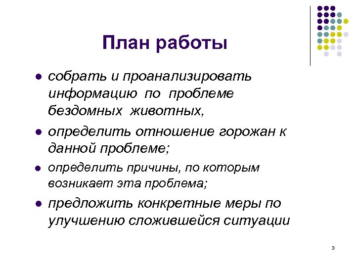 План работы l l собрать и проанализировать информацию по проблеме бездомных животных, определить отношение
