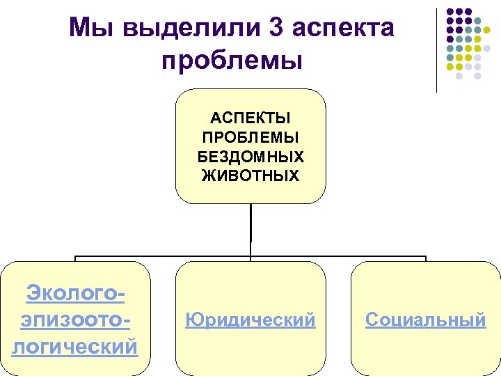 Мы выделили 3 аспекта проблемы АСПЕКТЫ ПРОБЛЕМЫ БЕЗДОМНЫХ ЖИВОТНЫХ Экологоэпизоотологический Юридический Социальный 4 