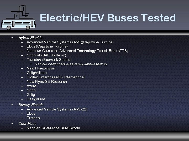 Electric/HEV Buses Tested • Hybrid-Electric – Advanced Vehicle Systems (AVS)(Capstone Turbine) – Ebus (Capstone