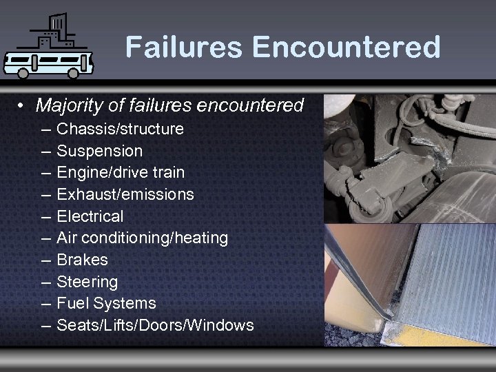 Failures Encountered • Majority of failures encountered – – – – – Chassis/structure Suspension