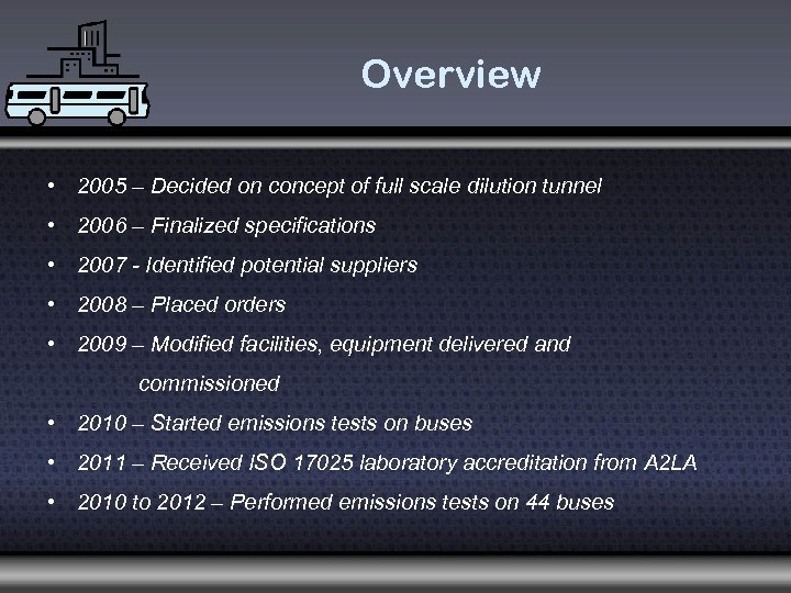 Overview • 2005 – Decided on concept of full scale dilution tunnel • 2006