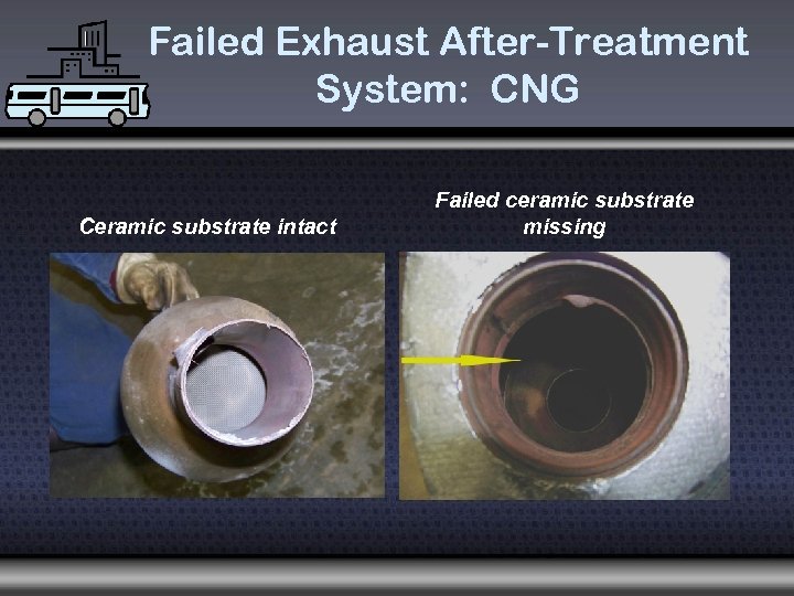 Failed Exhaust After-Treatment System: CNG Ceramic substrate intact Failed ceramic substrate missing 