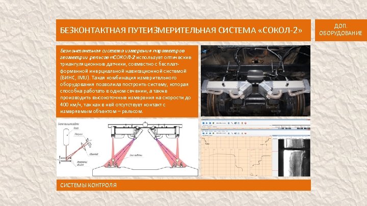 БЕЗКОНТАКТНАЯ ПУТЕИЗМЕРИТЕЛЬНАЯ СИСТЕМА «СОКОЛ-2» Безконтактная система измерения параметров геометрии рельсов «СОКОЛ-2 использует оптические триангуляционные