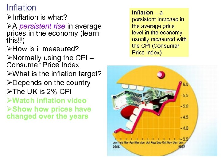 Inflation ØInflation is what? ØA persistent rise in average prices in the economy (learn
