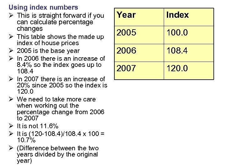 Using index numbers Ø This is straight forward if you can calculate percentage changes
