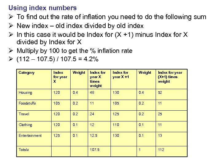 Using index numbers Ø To find out the rate of inflation you need to
