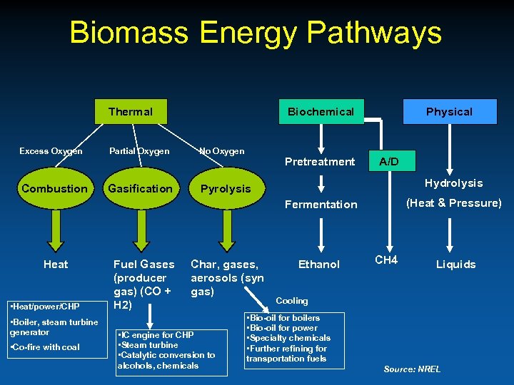 Biomass Energy Pathways Thermal Biochemical Excess Oxygen Partial Oxygen No Oxygen Combustion Gasification Physical