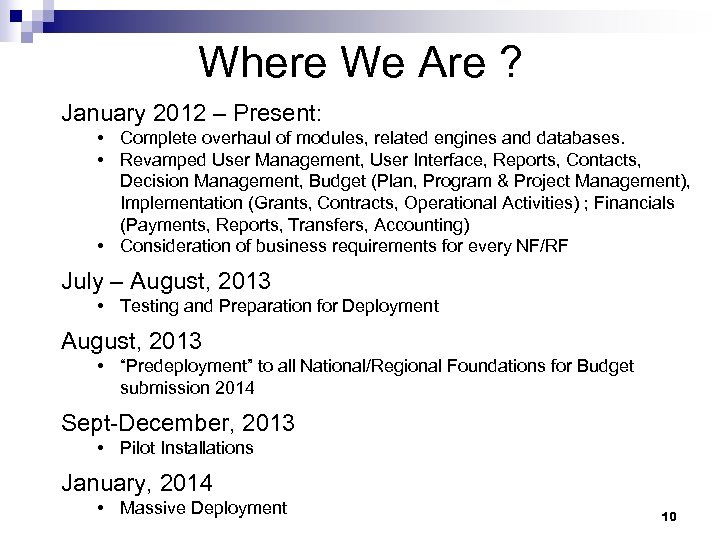 Where We Are ? January 2012 – Present: • Complete overhaul of modules, related