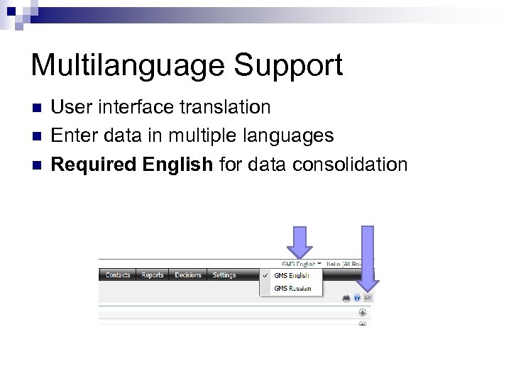 Multilanguage Support n n n User interface translation Enter data in multiple languages Required