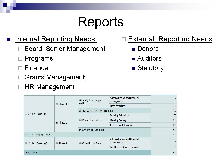 Reports n Internal Reporting Needs: Board, Senior Management ¨ Programs ¨ Finance ¨ Grants