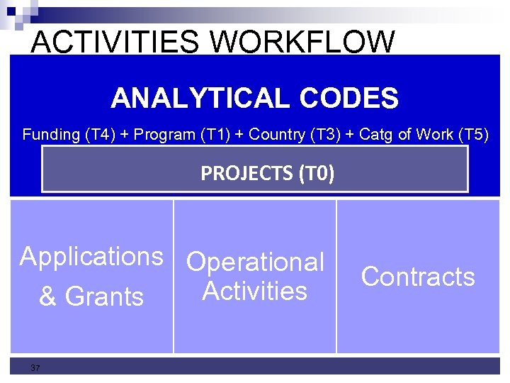 ACTIVITIES WORKFLOW ANALYTICAL CODES PROJECTS (T 0) Funding (T 4) + Program (T 1)