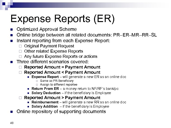 Expense Reports (ER) n n n Optimized Approval Scheme Online bridge between all related
