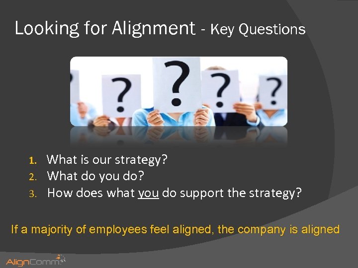 Looking for Alignment - Key Questions 1. 2. 3. What is our strategy? What