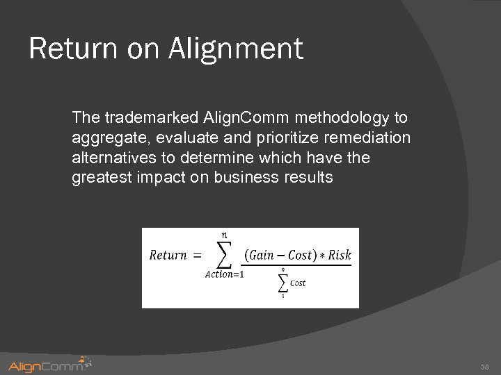 Return on Alignment The trademarked Align. Comm methodology to aggregate, evaluate and prioritize remediation