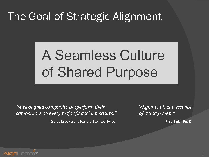 The Goal of Strategic Alignment A Seamless Culture of Shared Purpose “Well aligned companies