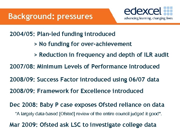 Background: pressures 2004/05: Plan-led funding introduced > No funding for over-achievement > Reduction in