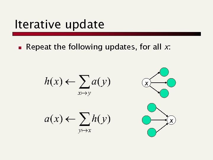 Iterative update n Repeat the following updates, for all x: x x 