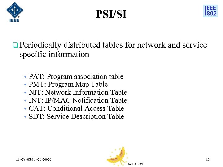 PSI/SI q Periodically distributed tables for network and service specific information • • •