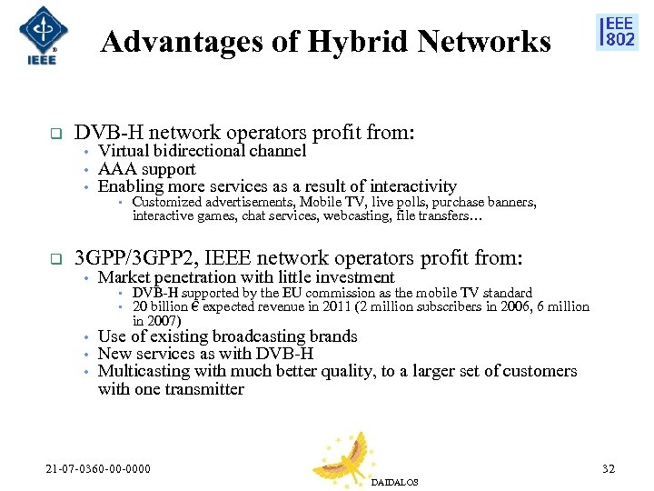 Advantages of Hybrid Networks q DVB-H network operators profit from: • Virtual bidirectional channel