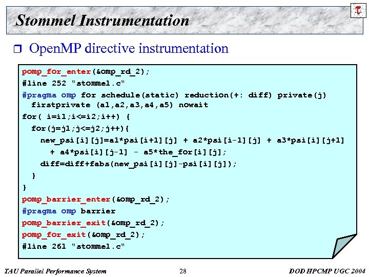 Stommel Instrumentation r Open. MP directive instrumentation pomp_for_enter(&omp_rd_2); #line 252 