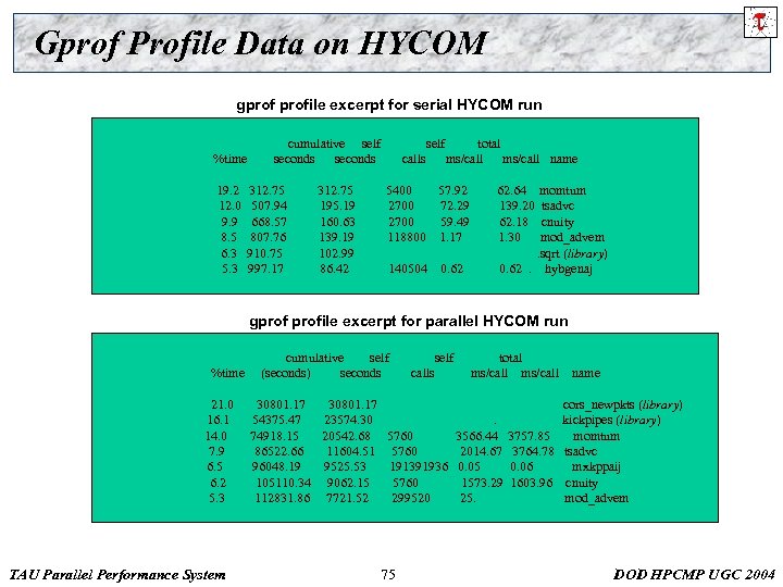 Gprof Profile Data on HYCOM gprofile excerpt for serial HYCOM run %time 19. 2