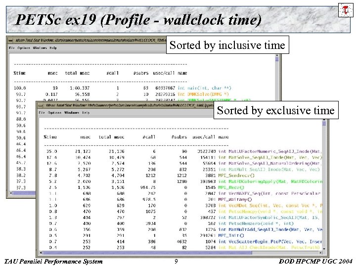 PETSc ex 19 (Profile - wallclock time) Sorted by inclusive time Sorted by exclusive