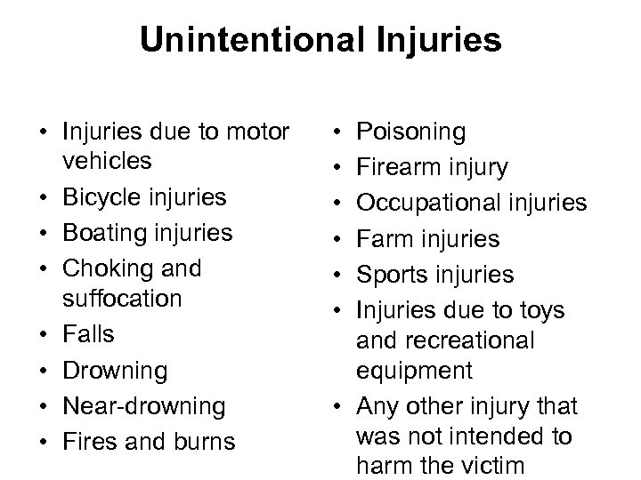 Unintentional Injuries • Injuries due to motor vehicles • Bicycle injuries • Boating injuries