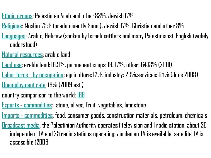 Ethnic groups: Palestinian Arab and other 83%, Jewish 17% Religions: Muslim 75% (predominantly Sunni),