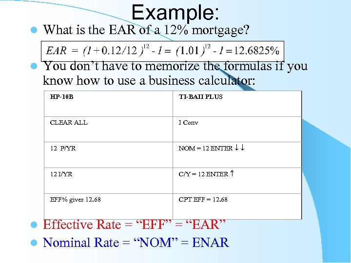 Example: l What is the EAR of a 12% mortgage? l You don’t have