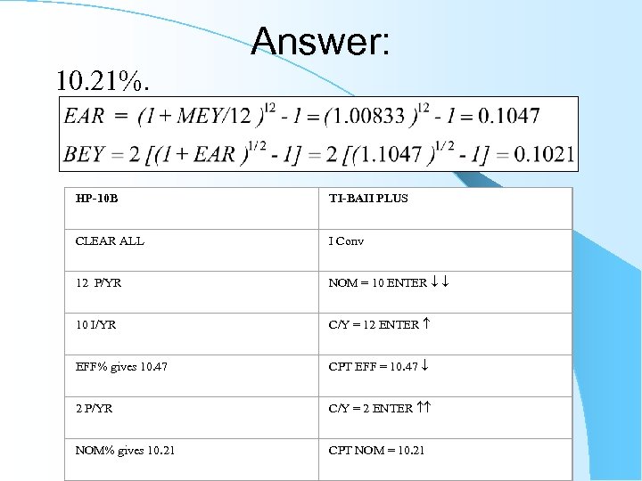 10. 21%. HP-10 B Answer: TI-BAII PLUS CLEAR ALL I Conv 12 P/YR NOM