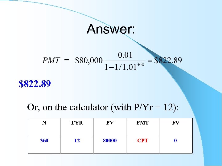 Answer: $822. 89 Or, on the calculator (with P/Yr = 12): N I/YR PV