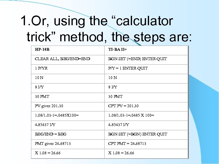 1. Or, using the “calculator trick” method, the steps are: HP-10 B TI-BA II+