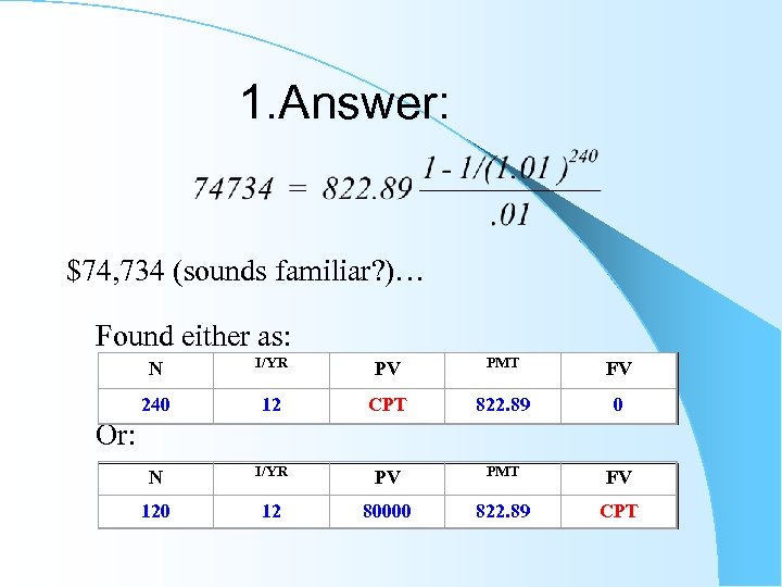 1. Answer: $74, 734 (sounds familiar? )… Found either as: I/YR PV N 12