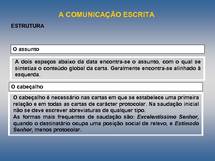 A COMUNICAÇÃO ESCRITA ESTRUTURA O assunto A dois espaços abaixo da data encontra se