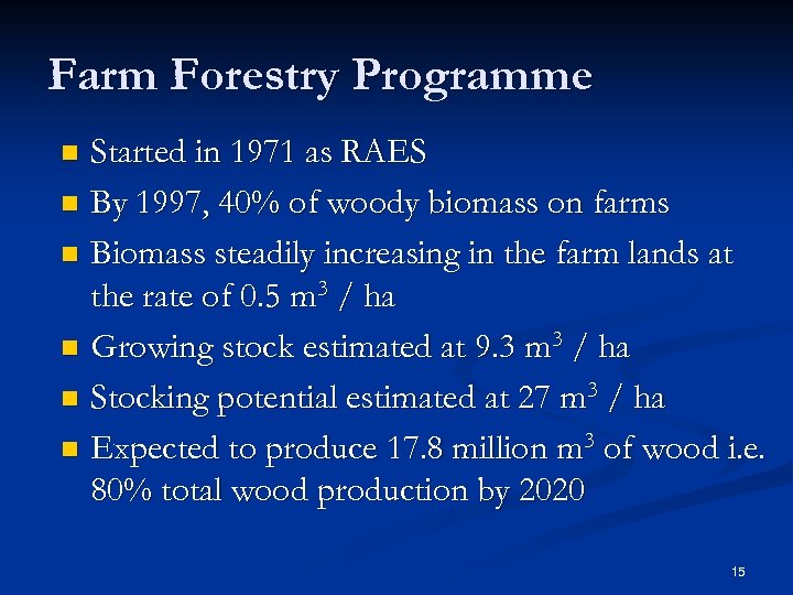 Farm Forestry Programme Started in 1971 as RAES n By 1997, 40% of woody