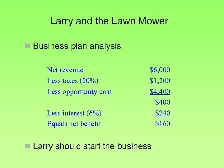 Larry and the Lawn Mower n Business plan analysis Net revenue Less taxes (20%)