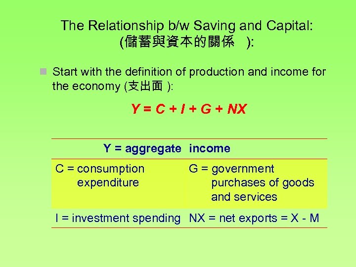 The Relationship b/w Saving and Capital: (儲蓄與資本的關係 ): n Start with the definition of