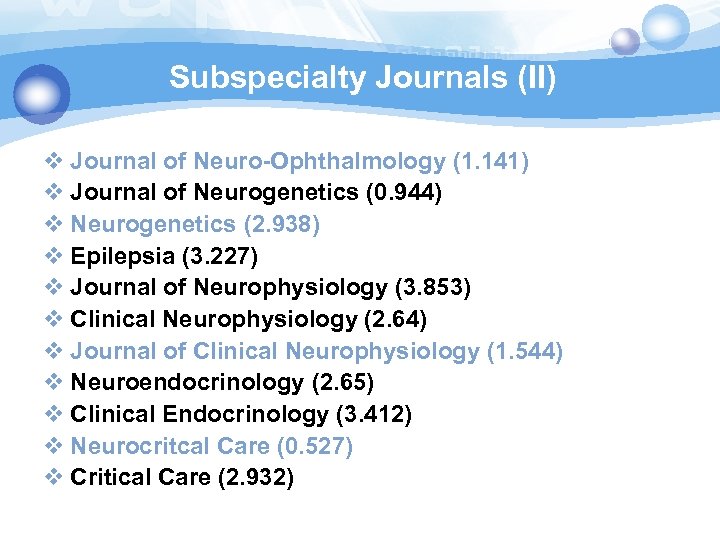 Subspecialty Journals (II) v Journal of Neuro-Ophthalmology (1. 141) v Journal of Neurogenetics (0.