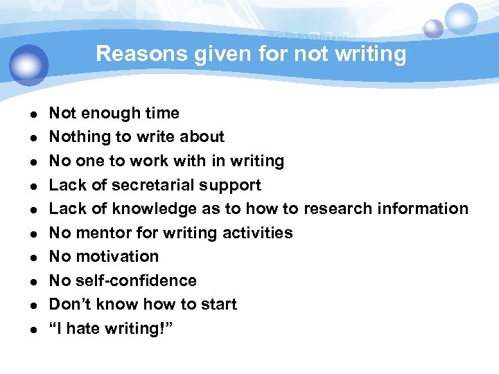 Reasons given for not writing l l l l l Not enough time Nothing