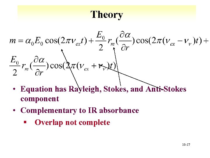 Theory • Equation has Rayleigh, Stokes, and Anti-Stokes component • Complementary to IR absorbance