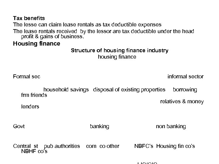 Tax benefits The lesse can claim lease rentals as tax deductible expenses The lease