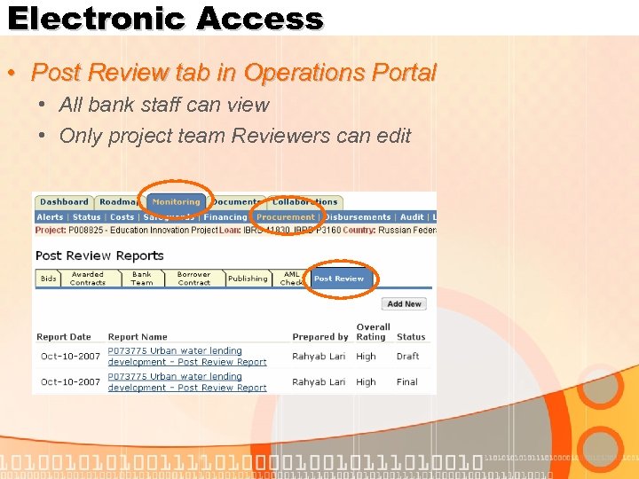 Electronic Access • Post Review tab in Operations Portal • All bank staff can