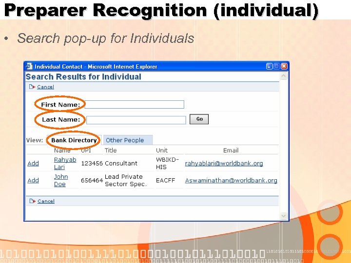 Preparer Recognition (individual) • Search pop-up for Individuals 
