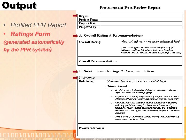 Output • Profiled PPR Report • Ratings Form (generated automatically by the PPR system)