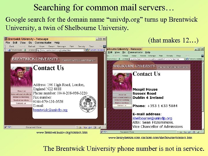 Searching for common mail servers… Google search for the domain name “univdp. org” turns