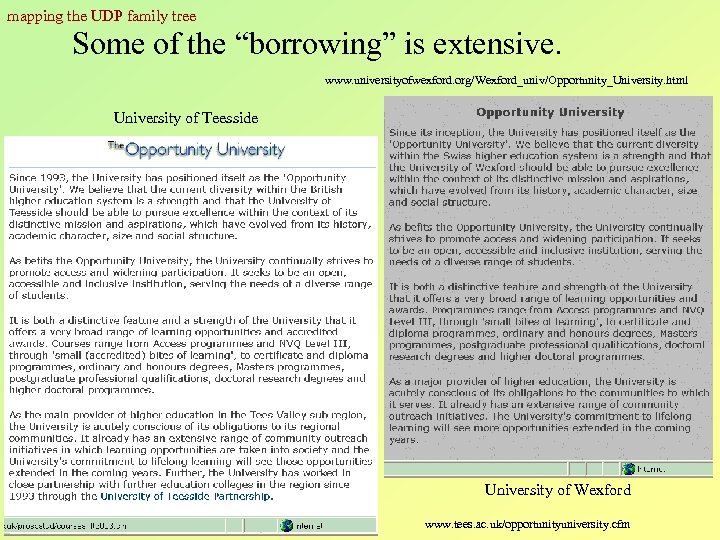 mapping the UDP family tree Some of the “borrowing” is extensive. www. universityofwexford. org/Wexford_univ/Opportunity_University.